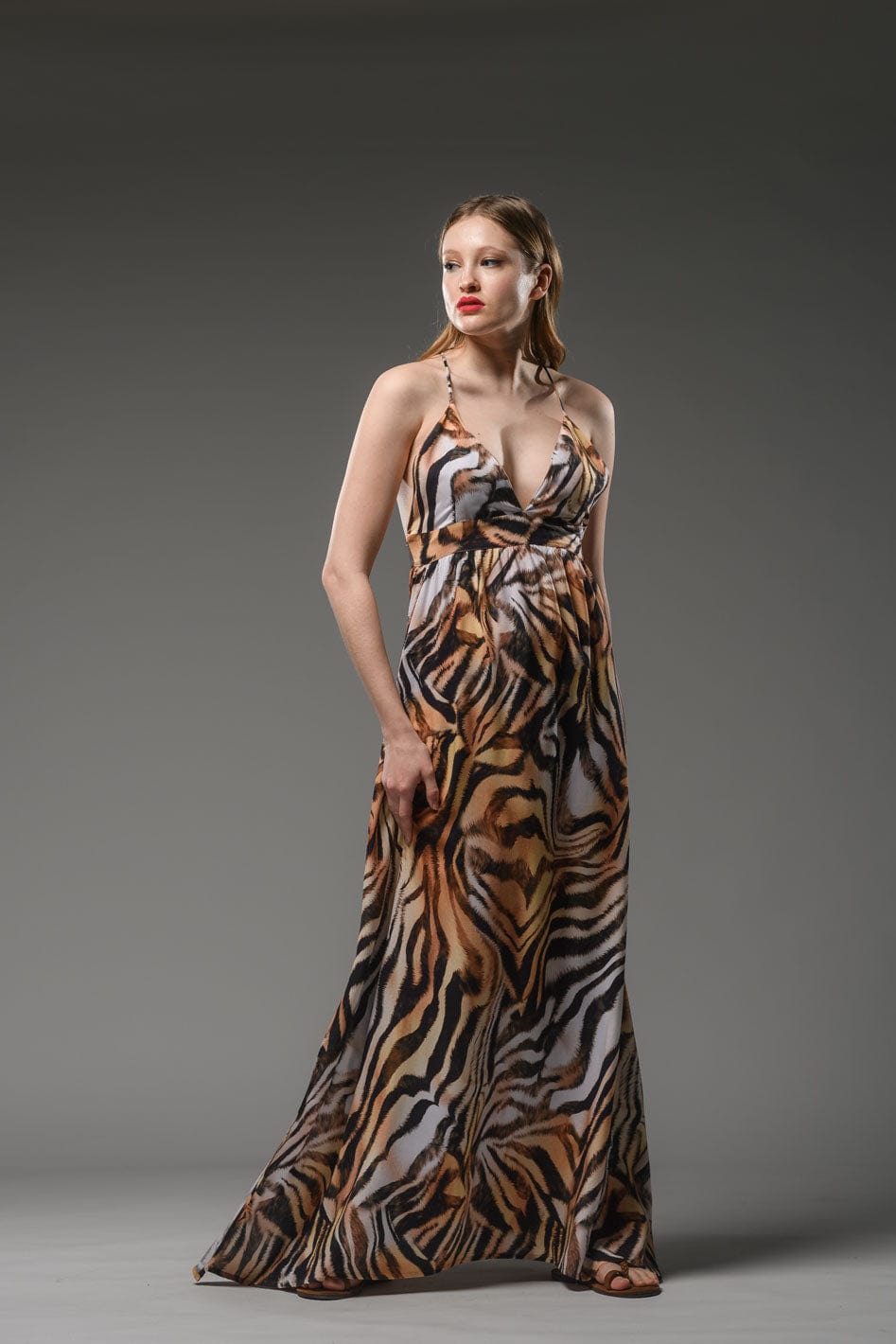 tiger digital print spaghetti cross back strap A line backless sexy maxi dress 