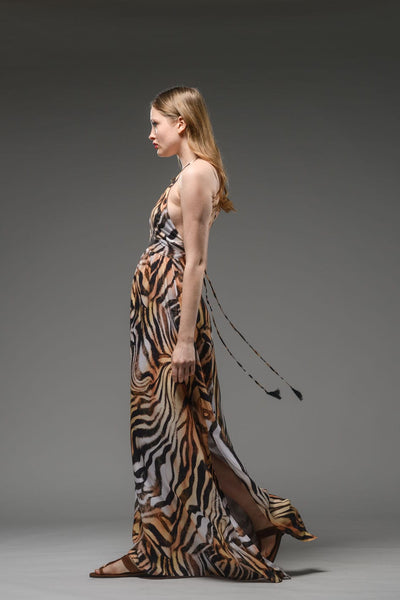 tiger digital print spaghetti cross back strap A line backless sexy maxi dress 