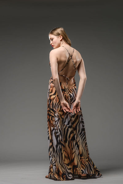 tiger digital print spaghetti cross back strap A line backless sexy maxi dress 