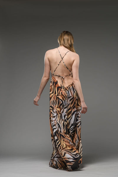 tiger digital print spaghetti cross back strap A line backless sexy maxi dress 