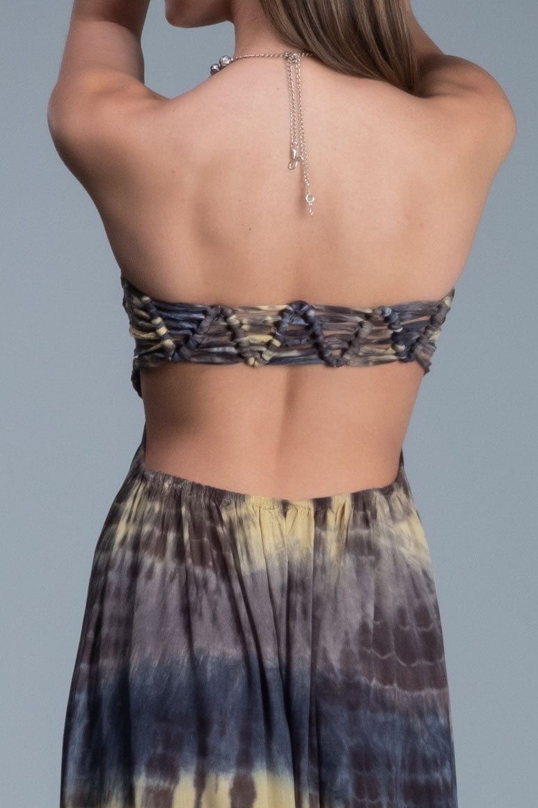 Smocked bodice strapless tie dye long dress with knitted net back detail. Yellow blue grey color combination tie dye dress